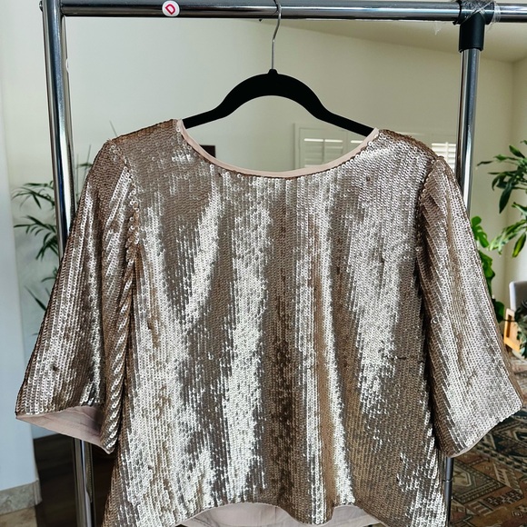J. Crew Shimmering Gold Sequin Boxy Blouse Top w Black Ribbon Bow Ties Size 10 - Picture 4 of 11